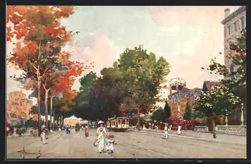 Künstler-AK Lido /Venezia, Gran Viale S. Maria Elisabetta, Strassenbahn