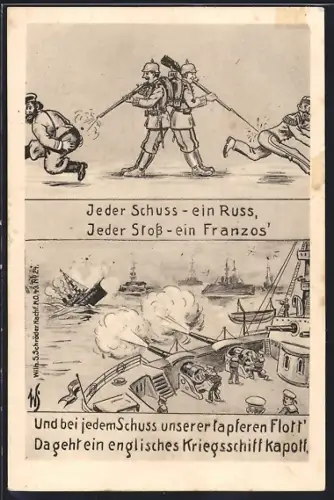 Künstler-AK Willi Scheuermann: Jeder Schuss - ein Russ, Jeder Stoss - ein Franzos', Kriegsschiff im Gefecht