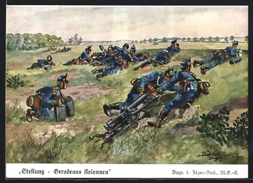 Künstler-AK Döbrich-Steglitz: Soldaten des 1. Jäger-Batl., M. G.-K. in Stellung