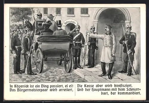 AK Berlin, Hauptmann von Köpenick am Eingang des Rathauses, Bürgermeisterpaar in der Pferdekutsche