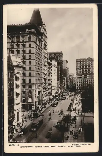 AK New York, NY, Broadway, north from Post Office, Strassenbahnen