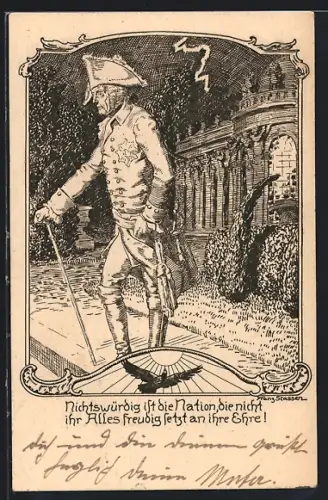Künstler-AK Franz Stassen: König Friedrich II. (der Grosse) vor Schloss Sancoussi