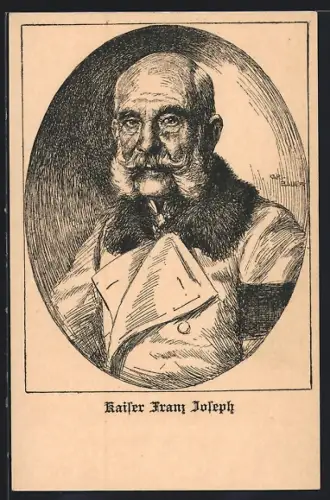AK Kaiser Franz Josef I. von Österreich, Radierung des Kaisers im Mantel mit Pelz