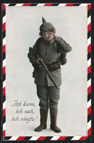 AK Ich kam, ich sah, ich siegte!, Fräulein Feldgrau
