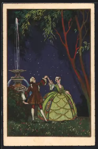 AK Tanz vor Wassersäule in Park, Art Deco, Barock, Rokoko