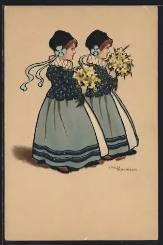 Künstler-AK Ethel Parkinson: Zwei Mädchen mit Blumensträussen