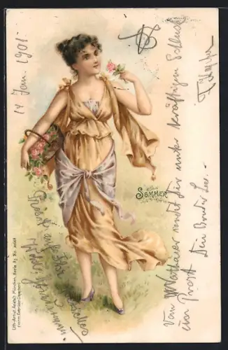 Lithographie Sommer, Lebensfrohe Frau im gelben Kleid mit Rosenkorb