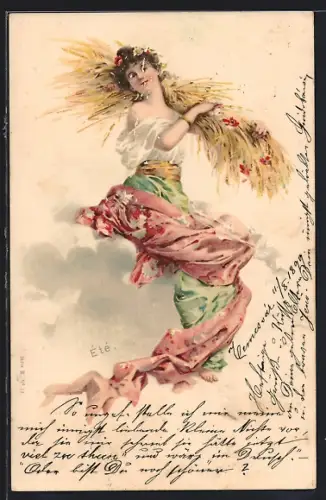 Glitzer-Perl-AK Junge hübsche Dame mit Blumen im Haar trägt Getreide auf der Schulter, Im Jugendstil