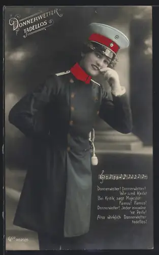 AK Donnerwetter tadellos, Frau in Uniform zwirbelt nicht vorhandenen Schnurrbart