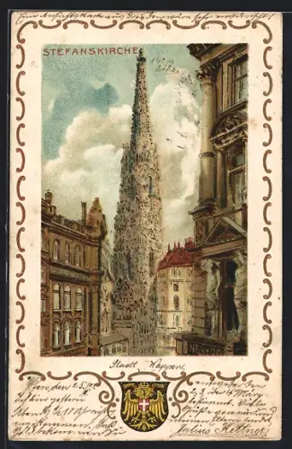 Lithographie Wien, Stefanskirche im goldenen Rahmen