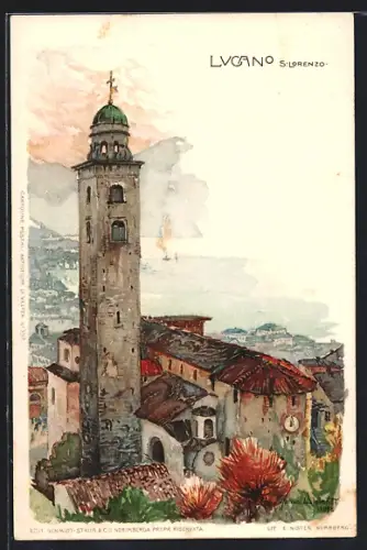 Künstler-Lithographie Manuel Wielandt: Lugano, S. Lorenzo mit Umgebung