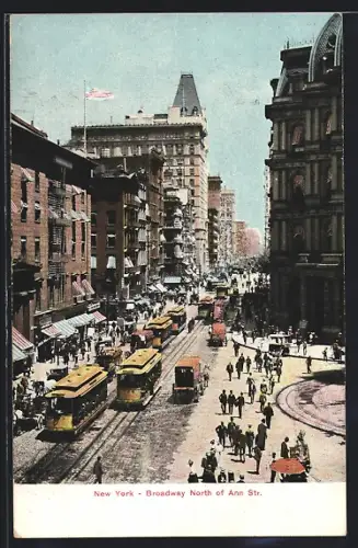 AK New York, Broadway North of Ann Street, Strassenbahnen