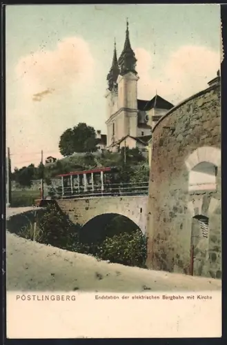 AK Pöstlingberg, Endstation der elektrischen Bergbahn mit Kirche