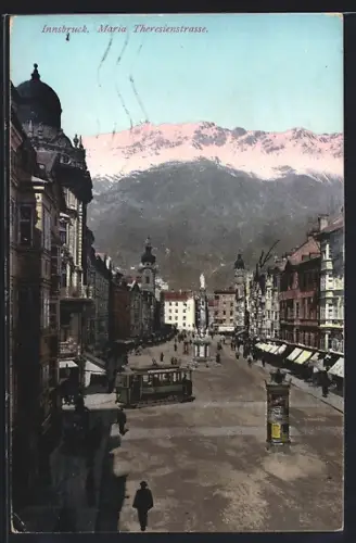 AK Innsbruck, Strassenbahn auf der Maria-Theresienstrasse, Litfasssäule