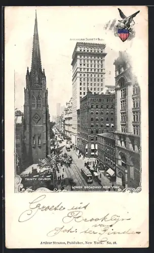 AK New York, NY, Trinity Chruch and Lower Broadway, Strassenbahn
