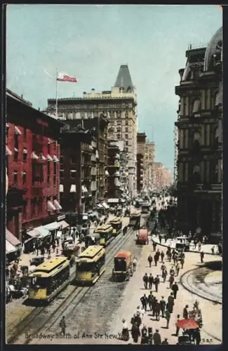 AK New York, Broadway North of Ann Street, Strassenbahnen