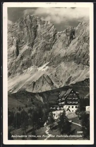 AK Austriahütte, Berghütte am Fusse der Dachstein-Südwände aus der Vogelschau