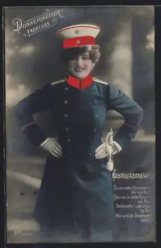 AK Donnerwetter - Tadellos!, Frau in blauer Uniform mit Mütze und Säbel