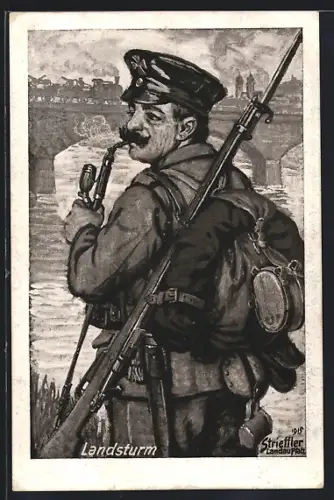 Künstler-AK Deutscher Landsturm, Soldat in Uniform mit Gewehr und Marschgepäck raucht Pfeife
