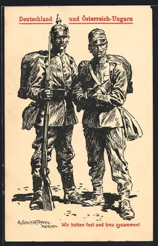 Künstler-AK Anton Hoffmann - München: Deutscher und österreichischer Soldat in Uniformen