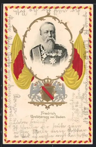 AK Friedrich von Baden, Portrait mit Fahnen und Wappen mit Krone