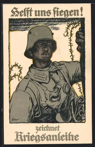 Künstler-AK Helft uns siegen! zeichnet Kriegsanleihe, Sturmtruppsoldat, Stahlhelm, Gasmaske, Stacheldraht