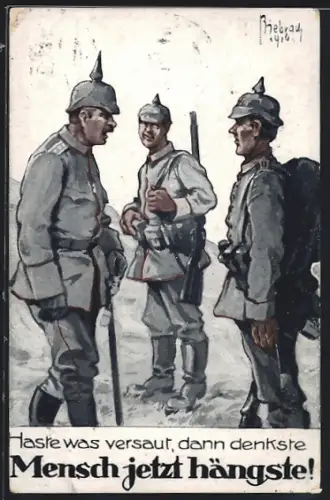 Künstler-AK sign. Biebrach: Soldat bekommt eine Standpauke von seinem Offizier