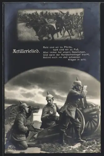 AK Deutsche Artillerie, Geschütz in Feuerstellung, Artillerielied