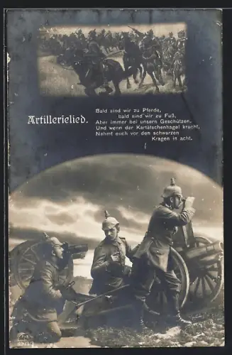 AK Deutsche Artillerie, Geschütz in Feuerstellung, Artillerielied