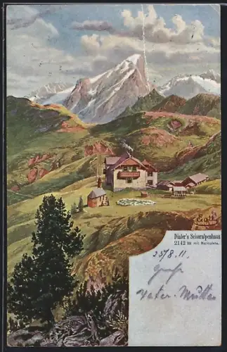 Künstler-AK Seis am Schlern, Dialers Seiseralpenhaus