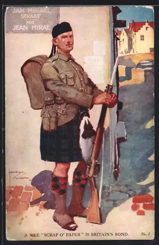 Künstler-AK Lawson Wood: Schottischer Soldat in Uniform mit Gewehr