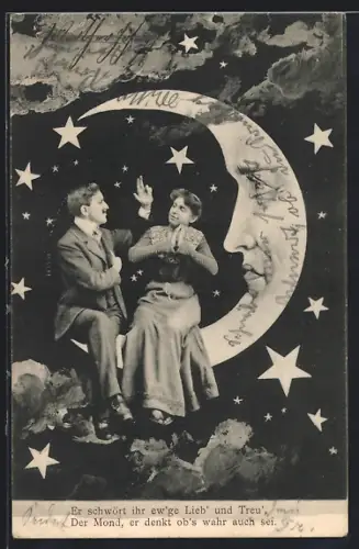 AK Liebespaar sitzt auf einer Mondsichel mit Gesicht