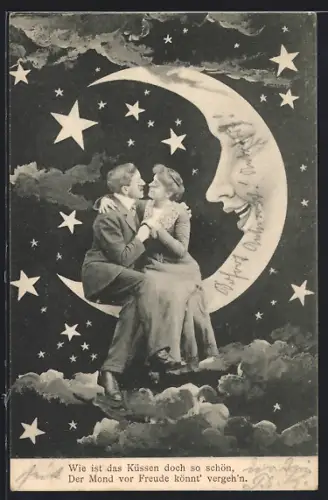 AK Pärchen sitzt auf der Mondsichel und schaut sich in die Augen