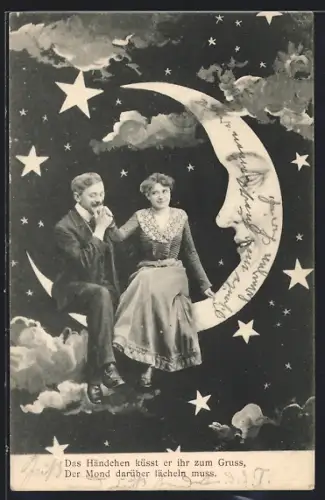 AK Junges Liebespaar auf der Mondsichel vom Mann im Mond