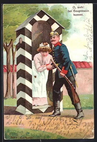 AK Wachsoldat mit Frau im Schilderhaus, O weh, der Hauptmann kommt