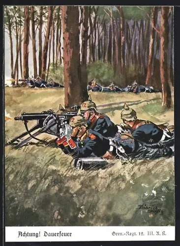 Künstler-AK Döbrich-Steglitz: Achtung! Dauerfeuer, Gren.-Regt. 12. III. A.k., Maschinengewehr, MG