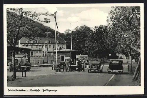 AK Saarbrücken, Goldene Bremm, Zoll-Grenze m. Autos u. Restaurant Breme D'or