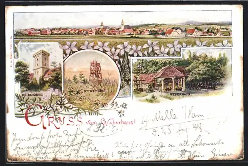 Künstler-AK Melle i. H., Gasthof Weberhaus, Aussichtsturm auf Otto`s Höhe, Dietrichsburg
