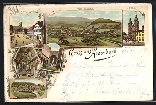 Lithographie Amorbach, Kirche, Kapelle, Marktplatz und Totalansicht