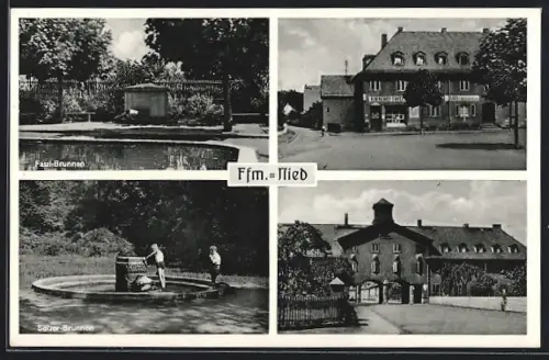 AK Frankfurt a. M.-Nied, Faul-Brunnen, Selzer-Brunnen und Strassenpartien