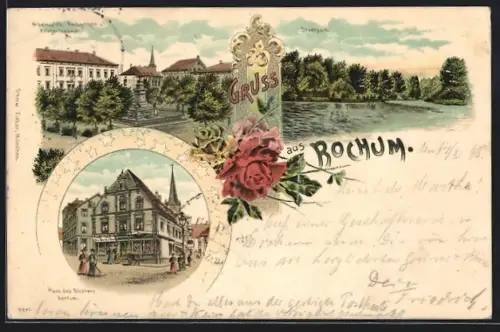 Lithographie Bochum, Haus des Dichters Kortum, Wilhelmsplatz mit Amtsgericht & Kriegerdenkmal, Stadtpark