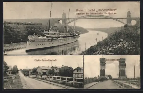 AK Beldorf-Grünental, Gasthaus Ebel, Kaiserliche Yacht Hohenzollern passiert die Hochbrücke, Brückenkopf