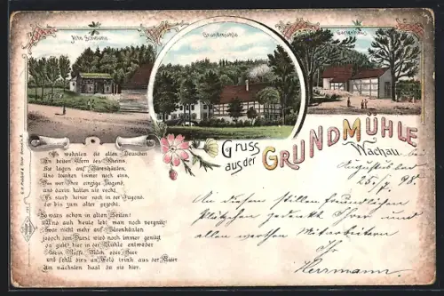 Lithographie Liegau, Gasthaus Grundmühle, Gedicht