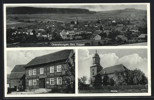 AK Oberelsungen /Bez. Kassel, Gasthaus Kloppmann, Kirche und Ortsansicht aus der Vogelschau