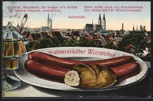 Grusskarten-AK Halberstadt, Stadtpanorama, Halberstädter Würstchen mit Brötchen