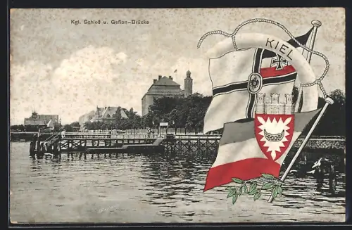 AK Kiel, Königliches Schloss und Gefion-Brücke, Reichskriegsflagge