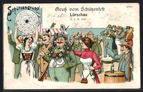 Künstler-AK Bruno Bürger & Ottillie Nr. 6746: Schützengruss, Krönung des Schützenkönigs