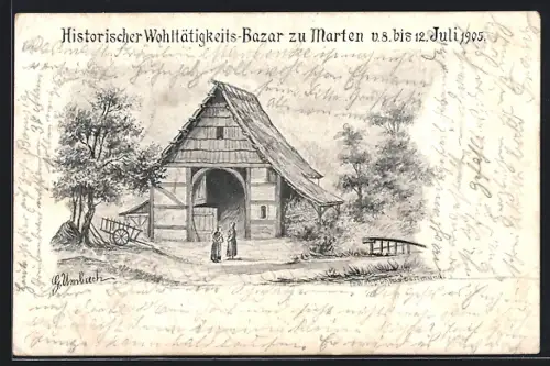 AK Dortmund, Frauen vor einer Scheune, Historischer Wohltätigkeits-Basar zu Marten im Juli 1905