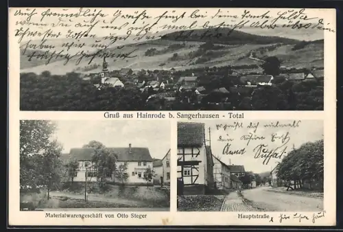 AK Hainrode / Sangerhausen, Materialwarengeschäft von Otto Steger, Hauptstrasse, Fernsicht
