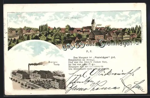 Lithographie Steinhagen i. W., Brennerei Tasche (Steinhäger), Totalansicht